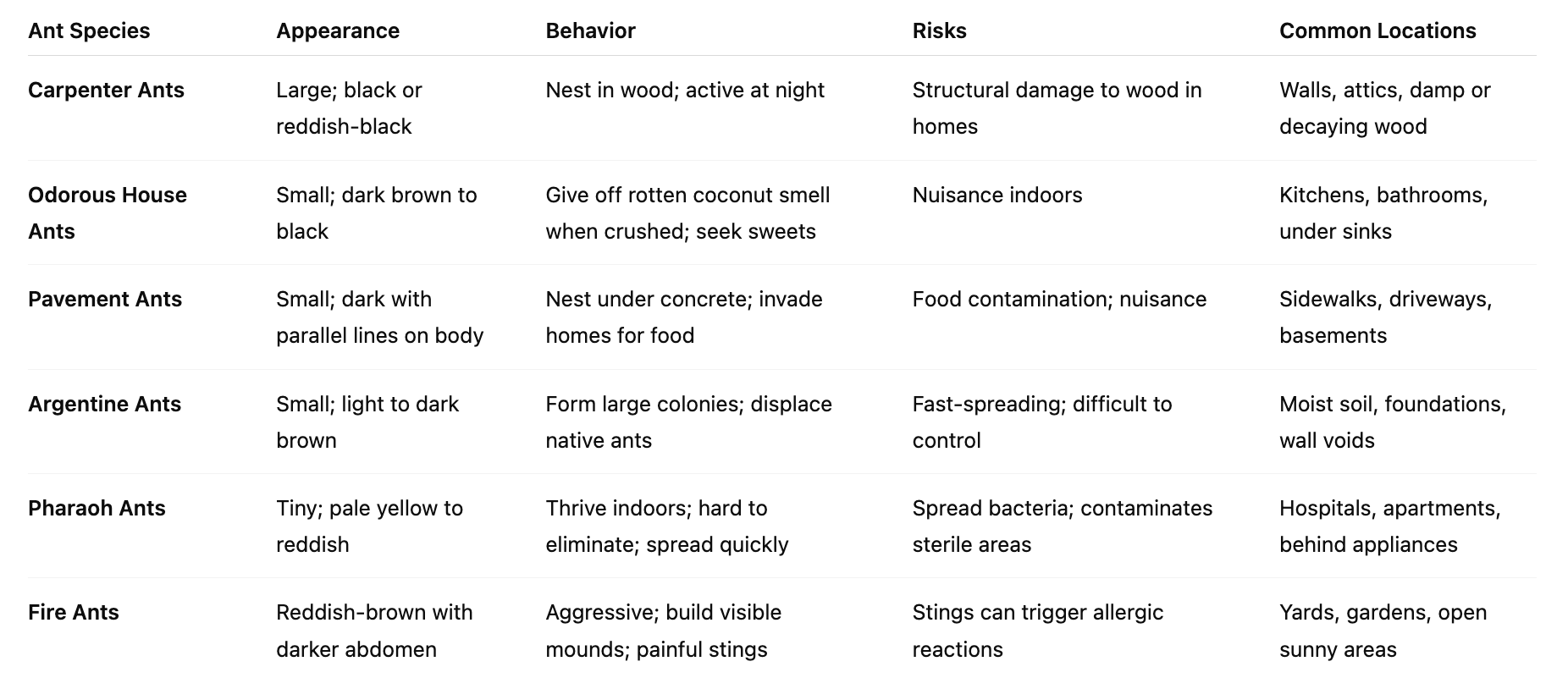comparison table of ant species 